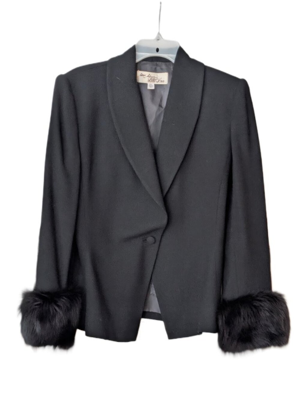 Lilli Ann Vintage Asymmetrical Tuxedo Blazer Genuine Fox Fur Cuffs Goth Glam 80s